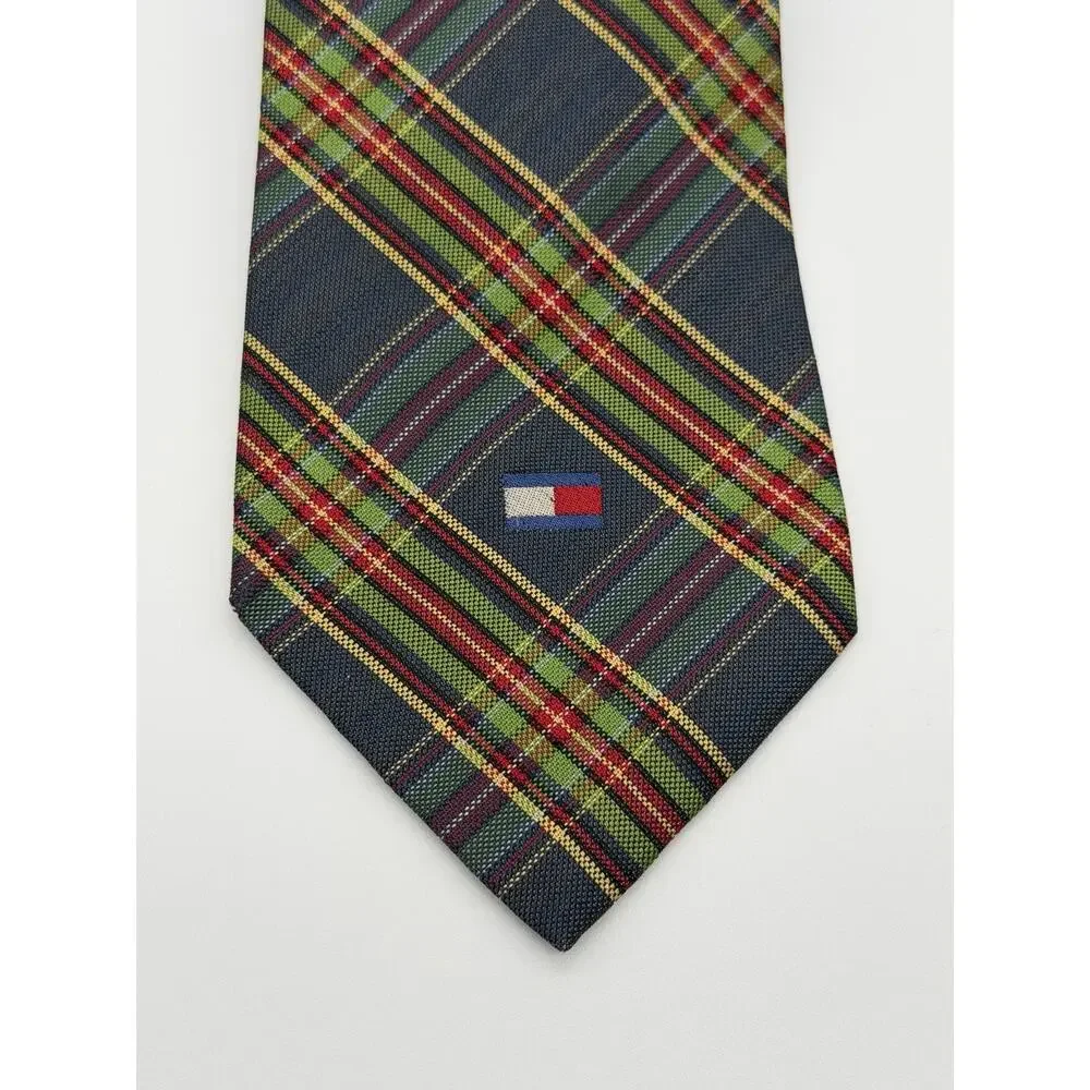 Tommy Hilfiger Mens Tie Plaid Tartan Flag Logo Silk Necktie Multicolor